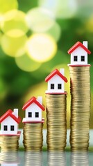 Stacked coins with miniature houses representing property value appreciation, real estate investment, housing finance, mortgage planning, and economic stability in the realty market

