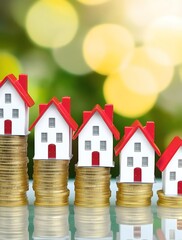 Stacked coins with miniature houses representing property value appreciation, real estate investment, housing finance, mortgage planning, and economic stability in the realty market

