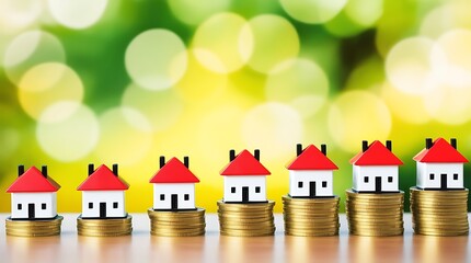 Fototapeta premium Property market and home investment concept with small houses placed on stacks of gold coins, representing real estate growth, financial stability, and mortgage affordability