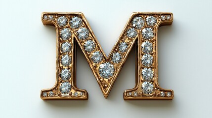 Decorative letter M beautifully crafted volumetric texture featuring gold and set luxury diamonds. piece stands out against simple white background emphasizing its elegance.