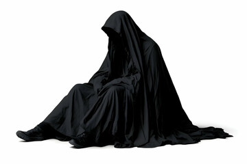 Naklejka premium Hooded Figure Sits in Flowing Black Robe on White Background