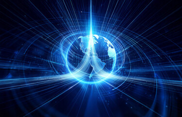 A glowing blue globe is encircled by radiating light beams and circular streaks against a dark backdrop, creating a futuristic and technological atmosphere.