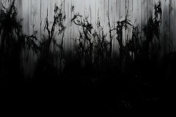 Obraz premium Dark Forest Silhouette against a Wooden Fence creates a Spooky and Mysterious Scene dramatically.
