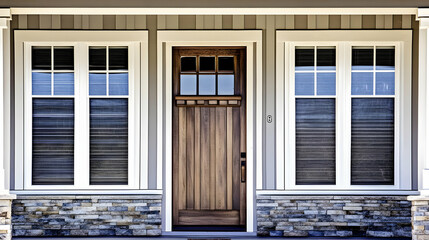 Fototapeta premium Modern Home Exterior Features Wooden Door, White Trim, and Stone Facade Showcasing Curb Appeal