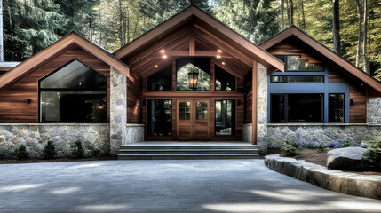 Fototapeta premium Modern Wooden House Stands Majestically in a Lush Forest Setting with Stone Accents and Paver Driveway