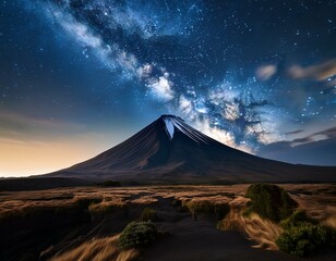 Fototapeta premium 星空の下で静かに佇む火山｜幻想的な夜の風景