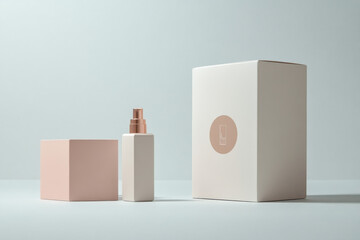 Minimalist professional product packaging design with an elegant perfume bottle and sleek box