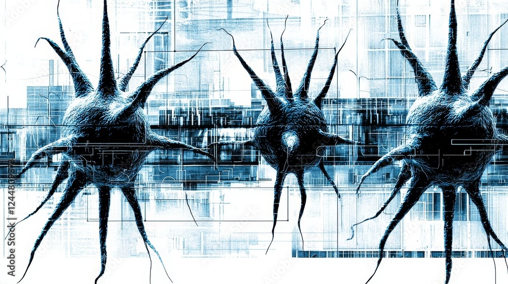 Wall mural abstract digital neurons with pulsating light in a futuristic design