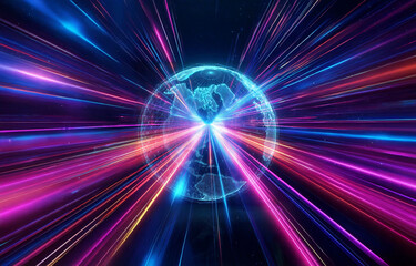 Vibrant blue and pink light rays emanate from a digital globe against a dark backdrop, suggesting global connectivity and modern technology.