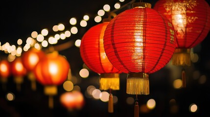 Obraz premium A vibrant display of red and gold Chinese lanterns, hanging in a row, glowing beautifully against a dark evening sky, symbolizing prosperity and joy
