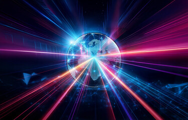 A glowing globe emits blue and magenta light rays.  A dynamic, futuristic digital atmosphere is created with vibrant colors and light beams.