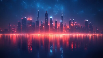 Futuristic city skyline reflected in water at night