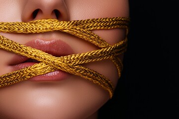Fototapeta premium A close-up of a woman's lips partially covered with intertwined golden ropes against a dark background, conveying themes of restraint and artistry.