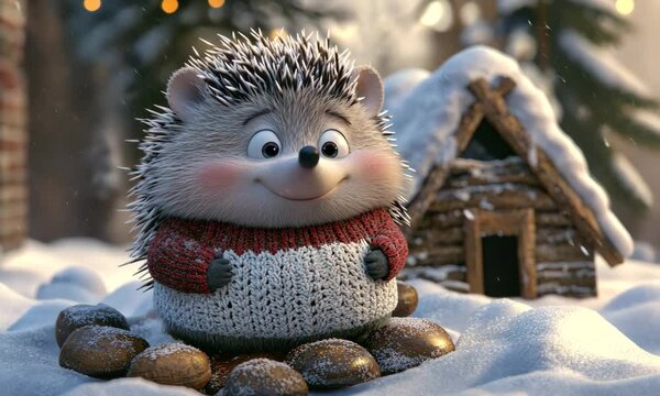 Cute Hedgehog Wearing Sweater Relaxing by Campfire in Snow 3d cartoon with ai generated