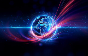 A vibrant globe is encircled by dynamic blue and red light trails against a dark, starry backdrop, evoking a sense of energy and futuristic technology.