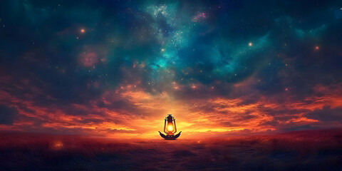Lantern illuminates a field at sunset under a starry sky with vibrant colors.