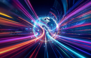 A vibrant globe is encircled by dynamic streaks of light, radiating outwards with energy. The image conveys a sense of global connection and futuristic technology.