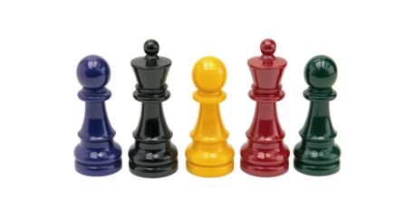 Colorful Wooden Chess Pawns in Purple Black Yellow Red and Green Standing in Row Isolated on Transparent and White Background