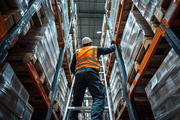 A warehouse employee demonstrating proper ladder safety techniques, ensuring secure positioning, preventing falls and workplace injuries