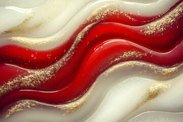 Obraz premium Abstract Red and White Fluid Art Background with Gold Glitter Accents Creates a Luxurious Festive Design.