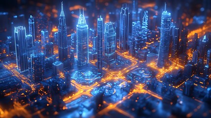 Futuristic city glowing at night, digital rendering, urban technology