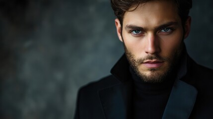 Obraz premium Confident young man with blue eyes and stylish outfit posing against dark textured background in studio setting