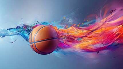Basketball ball with vibrant colorful abstract paint trails moving dynamically across the image