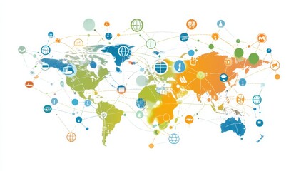 Global communication network concept with interconnected business nodes and human resources collaboration across worldwide platforms.