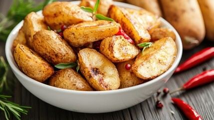 A bowl of golden roasted potatoes garnished with herbs and spices.