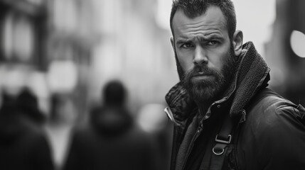 Intense Portrait of a Bearded Man in Urban Setting Surrounded by Unfocused Passersby in Black and White