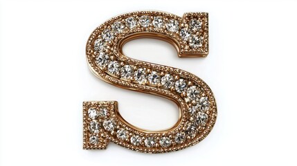 Extravagant letter S designed rich gold texture adorned sparkling diamonds creates luxurious visual impression. elegant piece stands out against pristine white backdrop.