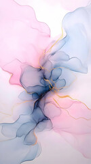 Abstract Pink and Blue Alcohol Ink Painting Flowing with Gold Accents Gracefully Across a White Backdrop.