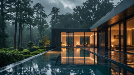 Fototapeta premium Spacious modern mansion with minimalist interior and exterior design soft lighting and a peaceful poolside atmosphere on a rainy day Exterior Design Inspiration