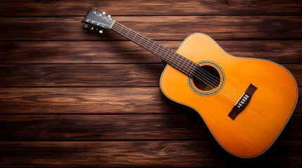 Fototapeta premium Classic Acoustic Guitar Rests Beautifully on Rustic Wooden Planks, Ready to Play a Tune