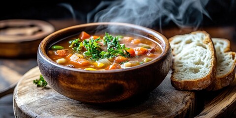 A warm, comforting bowl of homemade soup, steam rising, crusty bread on the side, cozy winter meal enjoyed in a rustic wooden dining space