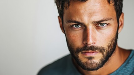 Obraz premium Intense Close-Up of a Handsome Man with Beard and Piercing Blue Eyes in Natural Lighting