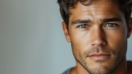 Fototapeta premium Close-Up Portrait of a Handsome Young Man with Strong Facial Features and Intense Blue Eyes