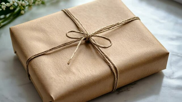 Graceful handcrafted gift box with rustic twine and delicate floral arrangement