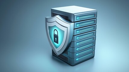 Photorealistic image of a cloud server icon with encryption and a security shield for secure data storage representation
