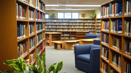 Obraz premium Tranquil Library Interior: Bookshelves, Seating, and Serene Atmosphere