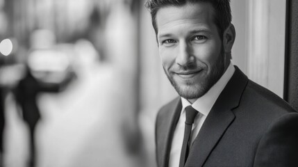 Confident Businessman in Suit Smiling at Camera on Urban Street in Black and White Photograph
