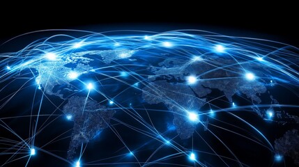Fototapeta premium Global communication network concept with interconnected business nodes and human resources collaboration across worldwide platforms.