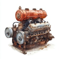Vintage Engine with Red Valve Cover and Rust Detail