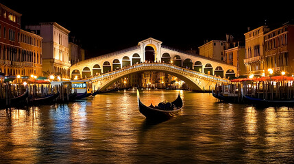 Obraz premium Gondola floats gracefully under illuminated bridge at night in Venice.