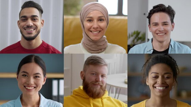 A multicultural group of six people engaging in a friendly video call, showcasing varied backgrounds and expressions of joy.
