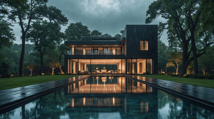 Fototapeta premium Beautiful modern home with minimalist interior and exteriors glowing lamps and a tranquil pool reflecting the rainy cloudy weather Exterior Design Inspiration