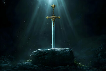 Naklejka premium Mystical Sword in Stone Illuminated by Divine Light in a Dark Cave