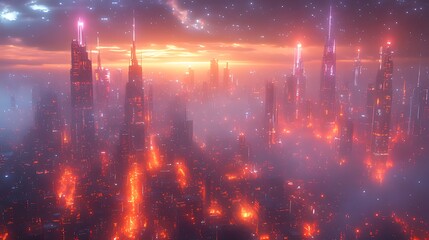 Naklejka premium Futuristic city sunset aerial view, neon glow, smog, fantasy