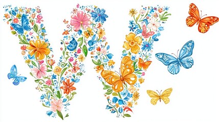 Obraz premium vibrant letter V crafted from assortment of colorful flowers and butterflies is presented against clean white background. artwork emphasizes elegance of nature and creativity.
