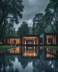 Fototapeta premium Beautiful modern mansion with minimalist design numerous lamps and a tranquil pool reflecting rainy cloudy weather Exterior Design Inspiration